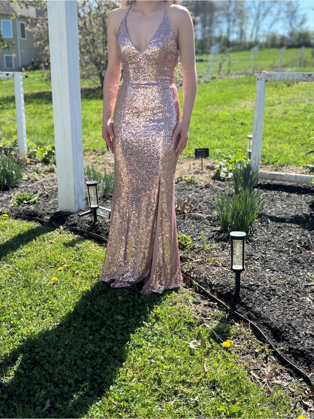 Alyce Paris Rose Gold Sequin Halter Gown